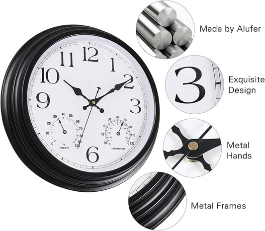 15 Inch Outdoor Clock, Black Metal-Frame Outdoor Clocks Waterproof, Silent Outdoor Wall Clock for Garden Patio Pool