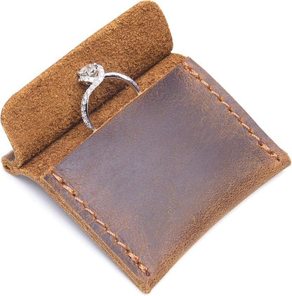 Ringsun Genuine Leather Ring Pouch, Handcrafted Small Ring Box for Men & Women, Portable Jewelry Organizer and Storage Gifts for Women for Marriage Travel Proposal Engagement Wedding, Brown