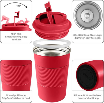 YINBAOGE Insulated Travel Coffee Mug, Spill & Leak Proof, Portable To Go Camping Stainless Steel Coffee Tumbler, Reusable Thermal Coffee Cup with Lid for Hot & Cold Drinks (Red, 12 OZ)