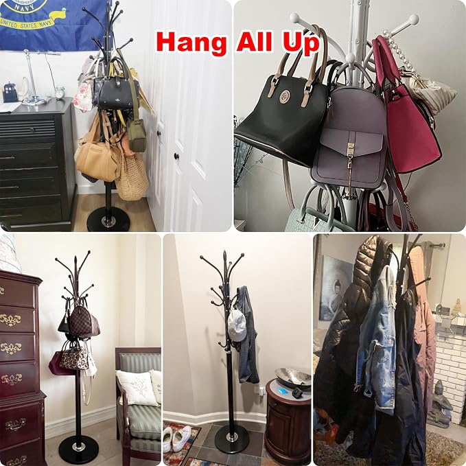 Kertnic Freestanding Coat Rack Stand, Heavy Duty Metal Hall Tree with 12 Hooks, 70 Inch Tall Stable Coat Hanger with 14.6" Natural Marble Base, Entryway Organizer for Coats Bags Hats Purses (White)