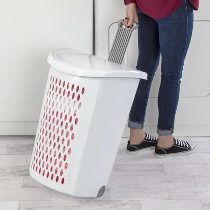 Wheeled Plastic Laundry Hamper with Handle, White - Easy Transport for Laundry, Durable Plastic, Rolling Design, Perfect for Bathroom & Bedroom Storage