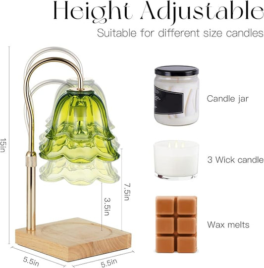 Candeldo Candle Warmer Lamp with Timer: Green Flower Candle Warming Lamp with 2 Bulbs Height Adjustable Wax Warmer Dimmable Bedroom Decor Mothers Day Gift for Women