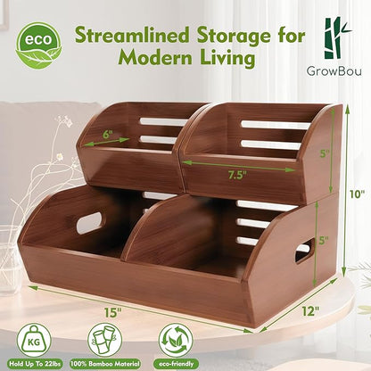 Potato and Onion Storage Bin for Pantry and Kitchen, Ventilated Stackable Bamboo Storage Bins with Handles - Multipurpose Organizers, Produce Containers for Bread, Vegetable, Fruit (Walnut, 3 Pack)