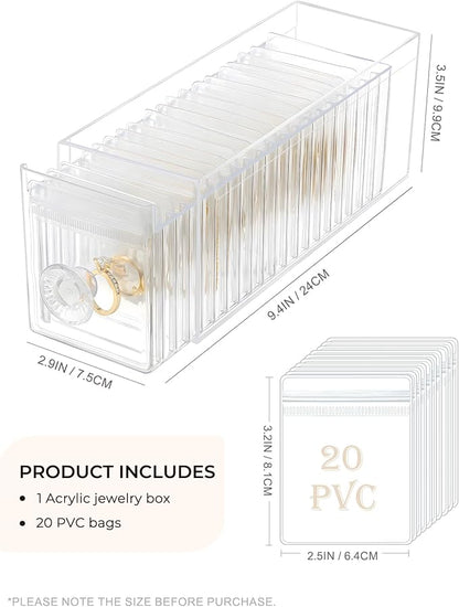 HOMEHIVE Clear Acrylic Jewelry Organizer Box with 20 Portable Pouches, Jewelry Storage Case for Women Girls, Tangle-Free, Anti-Tarnish, Compact Storage for Necklaces/Earrings/Rings, Upgraded Clear