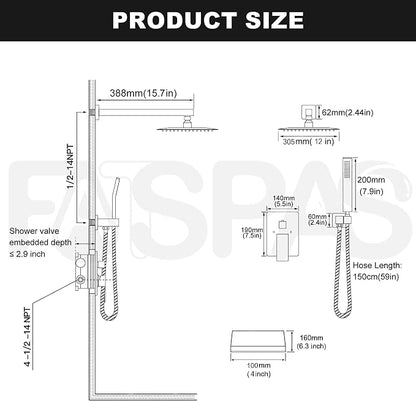 Brushed Gold Shower System with 12-Inch Rain Showerhead and Tub Spout | cUPC-certified pressure balance brass valve to prevent scalding, CEC-certified air injection technology for low pressure