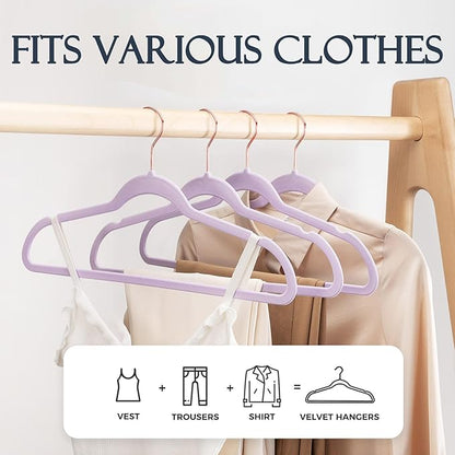HOUSE DAY Lt-Purple Velvet Hangers 20 Pack, Premium Non-Slip Felt Clothes, Sturdy Heavy Duty Coat, Durable Hangers for Suits, Space Saving with No Hanger Mark, 360° Swivel Rotating Rose Gold Hook