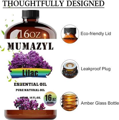 Lilac Essential Oil, Lilac Oil 16 Fl Oz 480ML for Diffuser Humidifier Yoga Cleaning DIY Candle Soap Making MUMAZYL Essential Oils