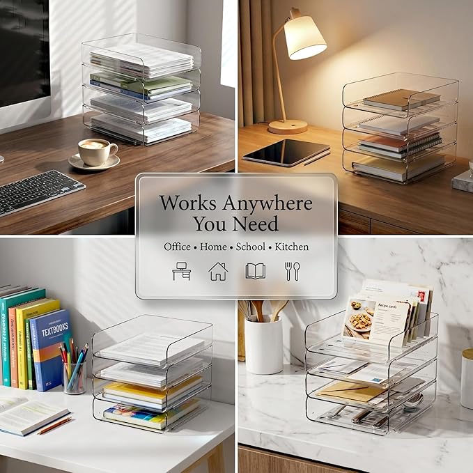 DCA 4 Tier Clear Desk Organizer, Stackable Paper Tray, Acrylic File Holder Paper Organizer for Office, Home, School, Letter & A4 Size