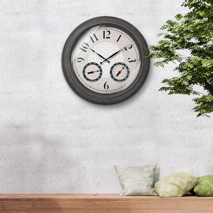 Presentime & Co. 18 Inch Illuminated Outdoor Clock, Waterproof Lighted Large Wall Clock with Thermometer & Hygrometer, Elegant & Vintage Home Decor for Garden, Patio, Pool, Grey Stone Finish