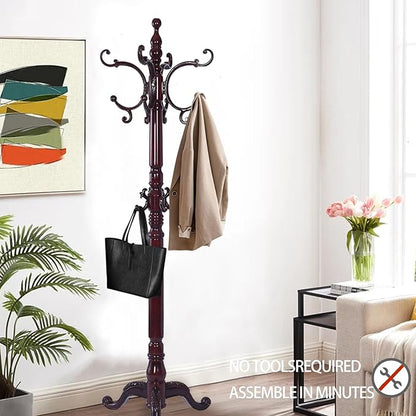 Wooden Coat Racks, Retro 78" Coat Tree with 12 Hooks & Stable Triangular Base, Entryway Coat Rack Freestanding for Hat, Clothes, Scarves, Handbags, Umbrella (Mahogany)