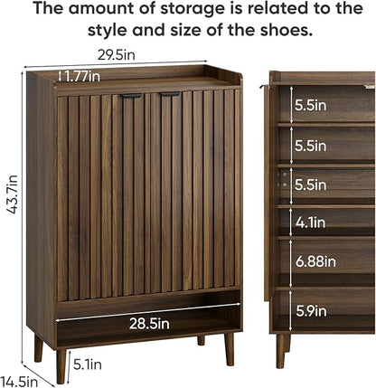 Smuxee Walnut Shoe Cabinet with Fluted Doors, 6-Tier Shoe Storage Cabinet with Adjustable Shelves, Freestanding Shoe Organizer Cabinet for Entryway, Hallway, Closet, Living Room
