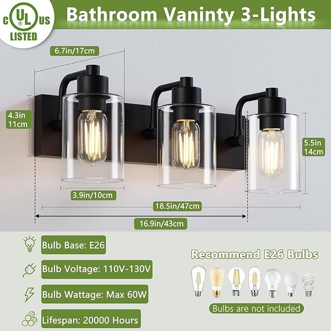 Bathroom Light Fixtures,Matte Black 3-Light Bathroom Lights Over Mirror with Clear Glass Shade,Wall Sconces for Kitchen Living Room Bedroom