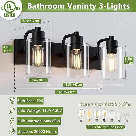 Bathroom Light Fixtures,Matte Black 3-Light Bathroom Lights Over Mirror with Clear Glass Shade,Wall Sconces for Kitchen Living Room Bedroom