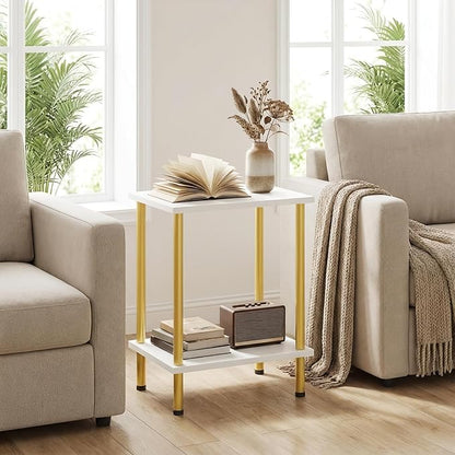 HOOBRO End Tables Set of 2, Small Side Table, Nightstand with 2-Layer Storage Shelves, Sofa Table for Small Spaces, Living Room, Bedroom, Stable Frame, Easy Assembly, White and Gold DW09BZP201