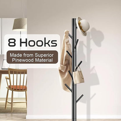 Wooden Coat Rack Stand, Freestanding Coat Rack with 8 Hooks, 3 Adjustable Size Coat Tree for Hats, Coats, Scarves bags, Coat Hanger Stand Used in Bedroom/Office/Entryway,2 PCS (Black)