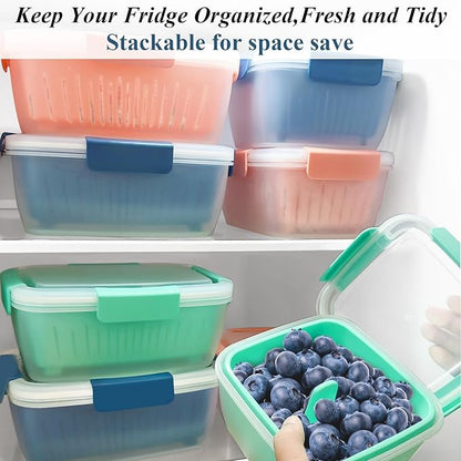 50oz Berry Keeper Fruit Storage Container for Fridge, Fresh Food Produce Saver Containers with Removable Drain Colanders, Vegetable Lettuce Keeper Bowl, Refrigerator Organizer, PRESS TO OPEN CLOSE LID