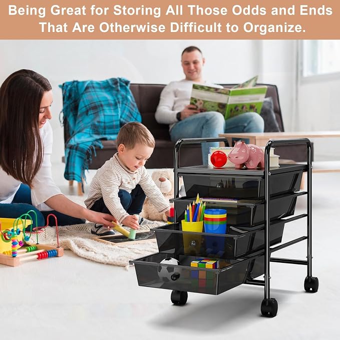4-Tier Utility Cart with 4 Drawers, Rolling Utility Cart with 2 Lockable Caster Wheels, Multipurpose Mobile Rolling Drawer Cart for Office Bathroom Kitchen, Transparent Black