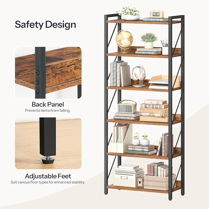 HOOBRO Bookshelf, 6-Tier Industrial Bookcase, Book Shelf Storage Organizer, Tall Bookshelf with Metal Frame for Living Room, Bedroom, Home Office, Kitchen, Rustic Brown and Black BF726SJ01