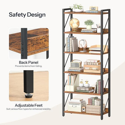 HOOBRO Bookshelf, 6-Tier Industrial Bookcase, Book Shelf Storage Organizer, Tall Bookshelf with Metal Frame for Living Room, Bedroom, Home Office, Kitchen, Rustic Brown and Black BF726SJ01