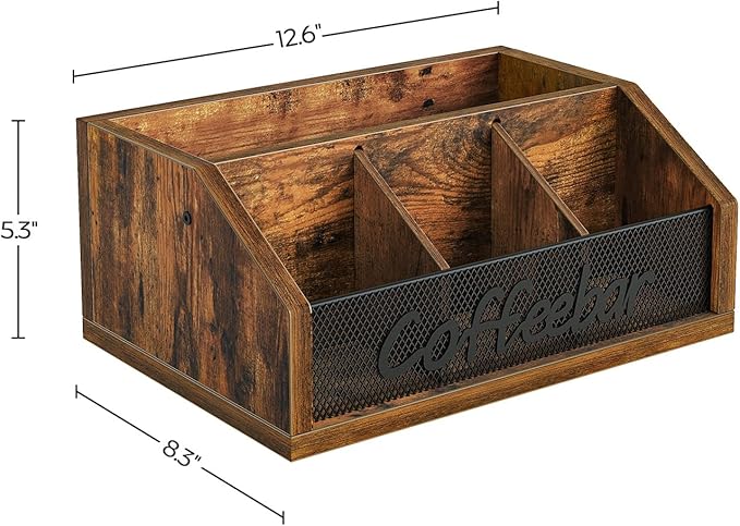 YATINEY Coffee Pod Organizer, Wooden Coffee Bar Organizer for Countertop, Versatile Pod Holder with Dividers, Holds Syrup, Cups, Tea Bags, Easy Assembly, Rustic Brown KH11BR