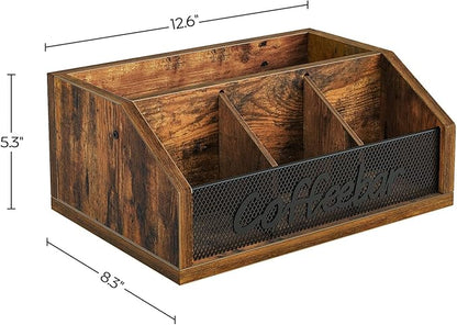YATINEY Coffee Pod Organizer, Wooden Coffee Bar Organizer for Countertop, Versatile Pod Holder with Dividers, Holds Syrup, Cups, Tea Bags, Easy Assembly, Rustic Brown KH11BR