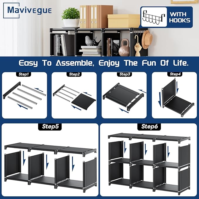 Mavivegue Book Shelf, 12 Cube Storage Organizer, DIY Bookcase, Metal Bookshelf,Tall Book case for Bedroom, Living Room,Office,Closet, Black Cubicle Rack