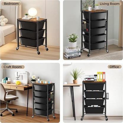 Rolling Cart with 3 Drawers, Plastic Drawer Storage Carts with Lockable Wheels & Wooden Tabletop, Metal Utility Cart Organizer, Office Bedroom Classroom Craft Organization and Storage, Dark Black