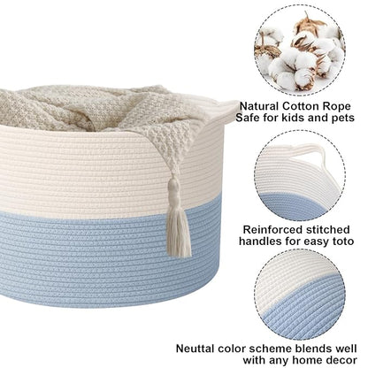 115L Extra Large Woven Cotton Rope Blanket Basket with Handles, Laundry Hamper Storage Bin for Pillows, Comforters,Clothes, Toys, Nursery, Bedroom and Living Room Organization,White&Blue