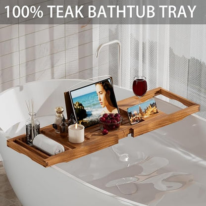 Teak Bathtub Caddy Tray for Tub, Foldable Luxury Bath Table Tray with Book and Wine Glass Holder, Expandable Bathroom Accessories for Spa or Reading