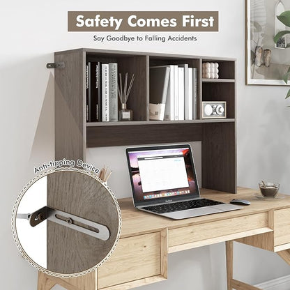 Desk Hutch, Desktop Shelf with 4 Shelves, Desk Bookshelf w/Anti-Toppling Devices, Wood Table Top Bookshelf Organizer, Small Desk Shelf for Study, Office, Dorm (Grey, 4 Shelves)