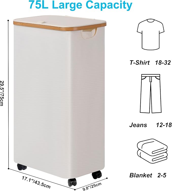 efluky Slim Laundry Basket with Wheels, Tall Rolling Laundry Hamper with Lid and Removable Bag, Aesthetic Dirty Clothes Hamper on Wheels for Laundry Room, Bedroom, Dorm and Bathroom,75L Beige