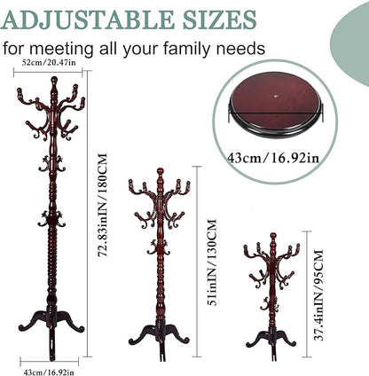 Coat Rack Freestanding,Solid Wooden Coat Rack Stand with 3 Height Options,14 Hooks, Natural Birch Coat Tree Easy to assemble for Clothes Jacket Hat bag Entryway (mahogany) (mahogany 2)