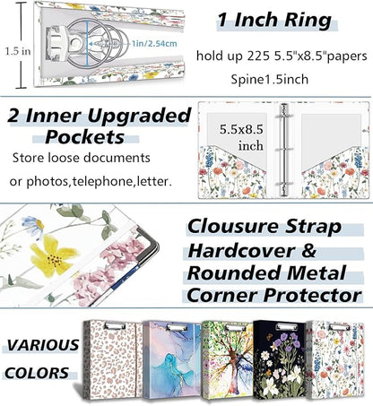 A5 Binder 3 Ring 1 Inch for 5.5"x8.5" Paper, Cute Mini Three Ring Binders with Clipboard,5-Tab Dividers,Interior Pocket, Spine Label, BVSSX Small Binder with Pen Holder, Blue Bloom