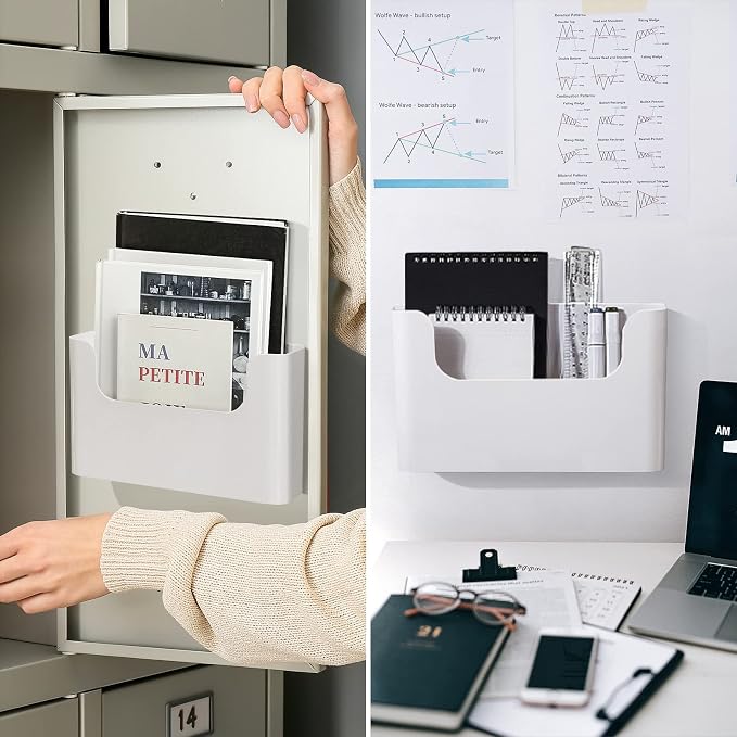 Wall Mount Folder Holder File Organizer No Drilling File Holder Hanging File Mail Organizer Door Office Mail Supplies Storage Magazine Envelope Planner Wall Single Pocket (Off White,3 Pack)