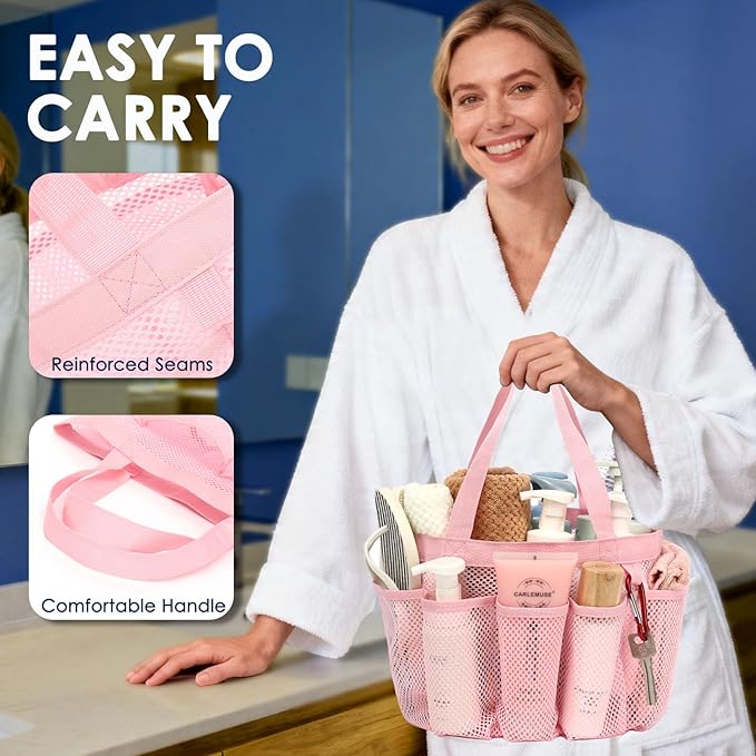GYEUKHAM Mesh Shower Caddy Portable for College Dorm, Quick Dry Hanging Shower Bag with 8 Pockets, Bathroom Tote Organizer for Gym, Travel, Camping, Pink