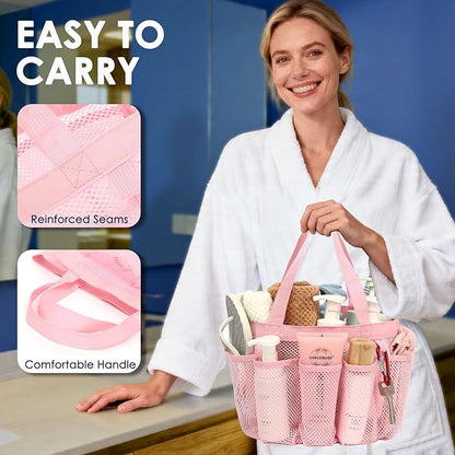 GYEUKHAM Mesh Shower Caddy Portable for College Dorm, Quick Dry Hanging Shower Bag with 8 Pockets, Bathroom Tote Organizer for Gym, Travel, Camping, Pink