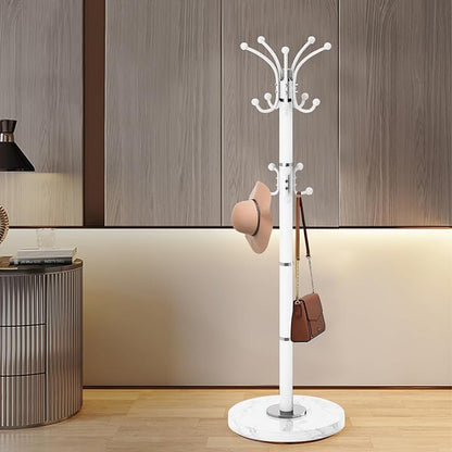 Modern Metal Coat Rack Stand, 360°Rotary Coat Rack Freestanding with Natural Marble Base, White Sturdy Coat Racks with 16 Hooks, Coat Racks Hall Tree Stand for Entryway (White)