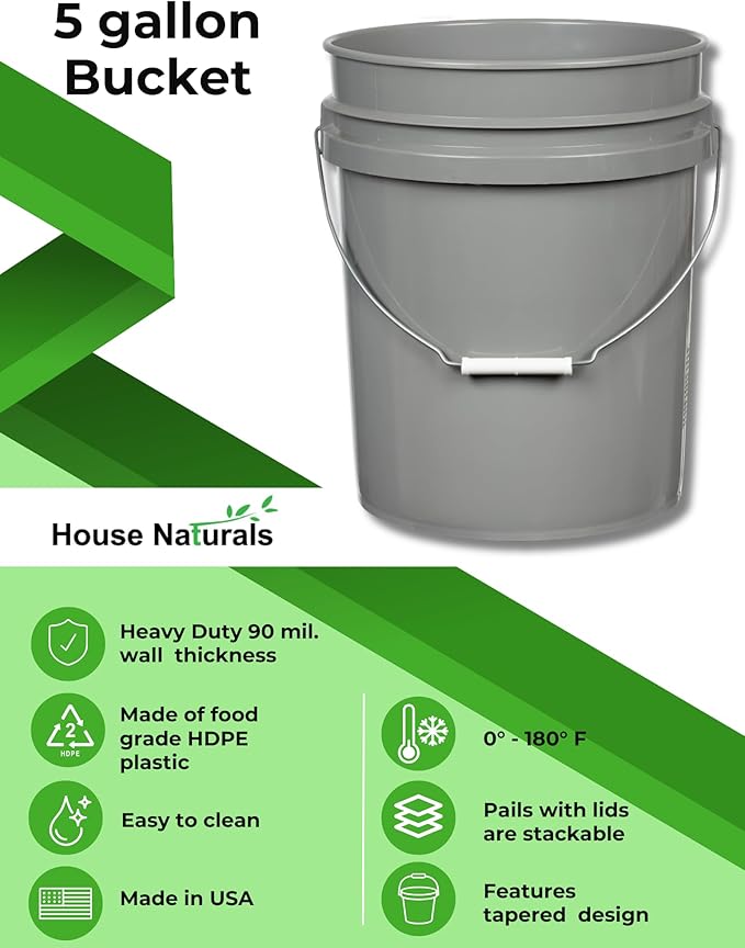 House Naturals 5 galon Food Grade Plastic Bucket Pail Container- 3 Color Air Tight Screw On Lid (Pack of 3)
