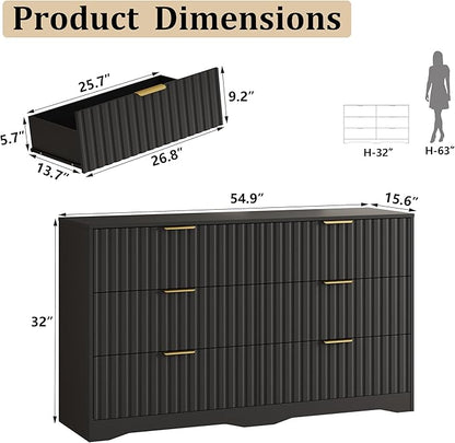 Fluted 6 Drawers Dresser for Bedroom, 55" Wide Wood Dressers Chest of Drawers with Metal Handle, Modern Dresser TV Stand Storage Organizer for Living Room, Entryway, Black