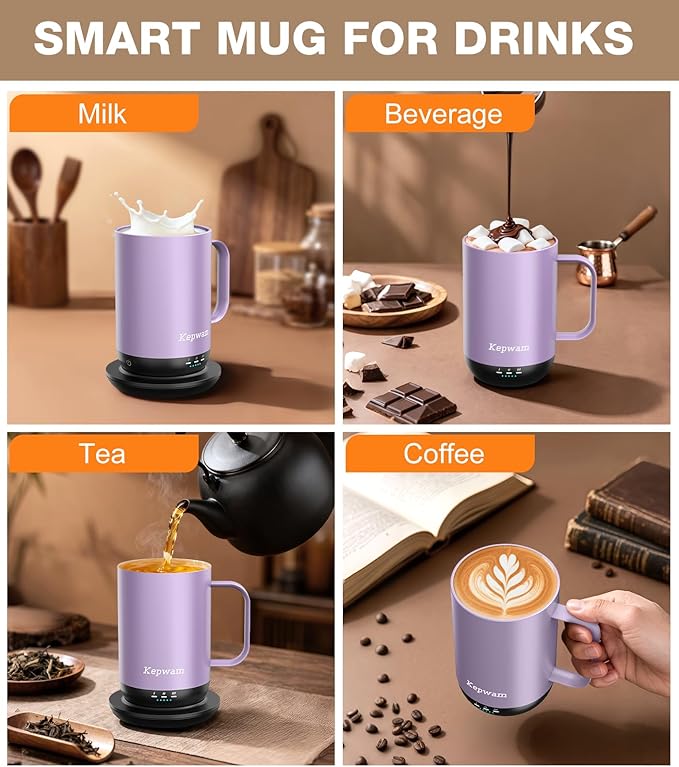 Kepwam Self-Heating Coffee Mug T1, 16oz Rechargeable Heated Coffee Mug, Smart Coffee Warmer Mug with App-Controlled,Advanced Temperature-Controlled Heating Coffee Gifts for Women Men Coffee Lover