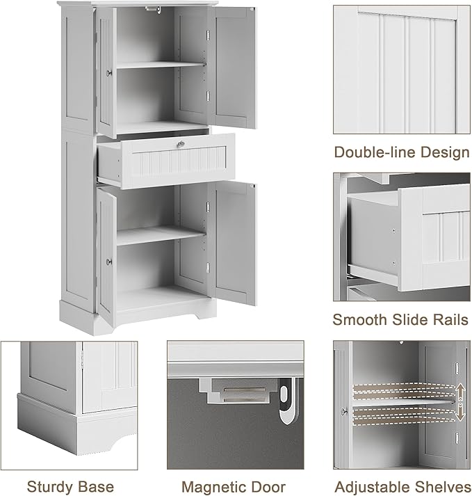 ChooChoo 51" H Tall Bathroom Floor Cabinet, Modern Bathroom Storage Cabinet with Drawer and Adjustable Shelves, Freestanding Kitchen Pantry Cupboard with 4 Doors for Living Room, White