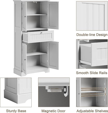 ChooChoo 51" H Tall Bathroom Floor Cabinet, Modern Bathroom Storage Cabinet with Drawer and Adjustable Shelves, Freestanding Kitchen Pantry Cupboard with 4 Doors for Living Room, White