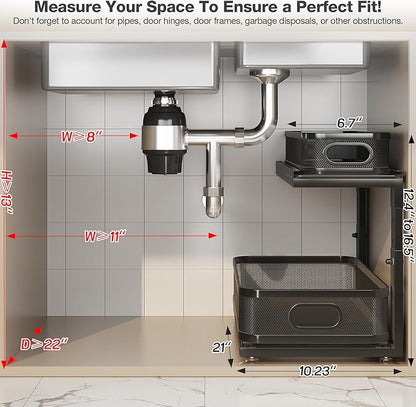2 Pack 21IN-Depth Under Sink Organizer With Next-Gen Ball-Bearing Slides,2-Tier Precision Mesh Pull Out Cabinet Storage for Bathroom&Kitchen,Height Adjustable Drawers Shelf,Anti-rust-Black