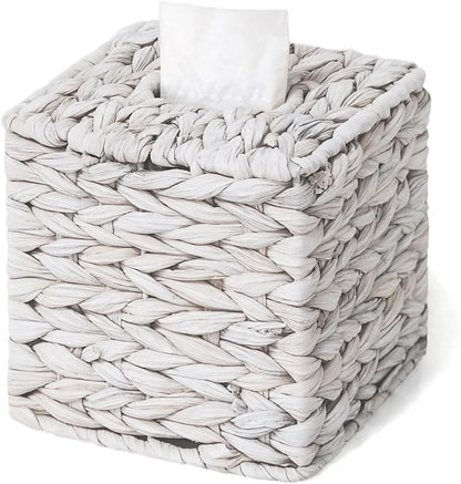 Tissue Box Cover, Square Wicker Tissue Box Holder Facial Tissues Boxes, Hand Woven Napkin Box Tissue Holder for Bathroom Bedroom Office Table Desk Night Stand, Boho Decorative, White