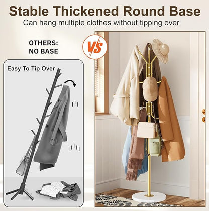 MISSLO Heavy Duty Coat Rack Freestanding with Stable Wood Base Modern Gold Coat Tree with 12 Hooks Adjustable Coats Hanger Stand Stylish Standing Clothes Tree for Entryway Bedroom Corner Hall