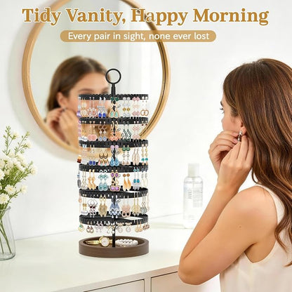 MODOWEY 6 Tier Rotating Earring Holder Organizer Display Tree with Wooden Tray, Adjustable Plastic Stand with 342 Slots for Stud Hoop Hanger, Large Capacity Storage Rack for Women Space Saving, Black
