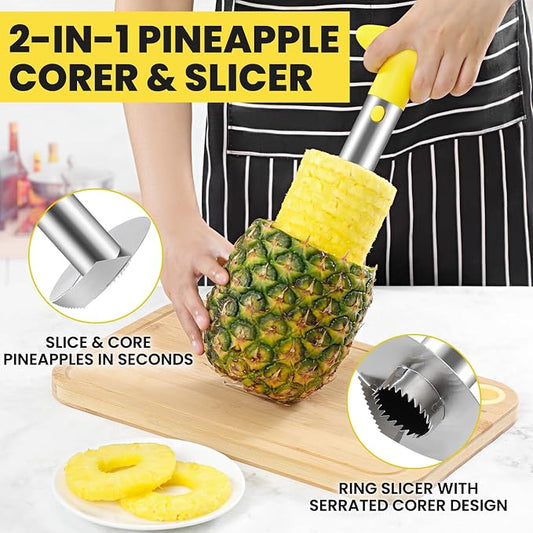 AUBENR Premium Pineapple Corer and Slicer Tool - Sharp Pineapple Cutter with Serrated Tips - Easy to Use and Clean - Stainless Steel Core Remover for Pineapple - Core Fruits with Ease(Yellow)