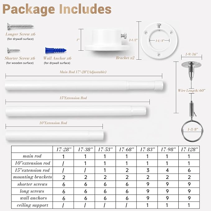 Closet Rod Adjustable 17 to 83 Inch, 1-1/4” Diameter, Closet Rods for Hanging Clothes, Stepless Metal Heavy Duty Hanging Rod for Closet Wardrobes Laundry RV (White)