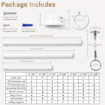 Closet Rod Adjustable 17 to 98 Inch, 1-1/4” Diameter, Closet Rods for Hanging Clothes, Stepless Metal Heavy Duty Hanging Rod for Closet Wardrobes Laundry RV (White)