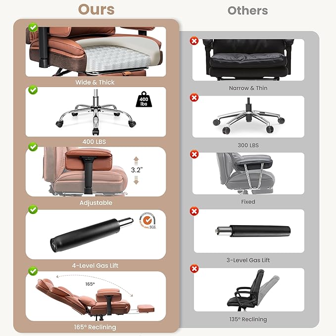 Big and Tall Office Chair - 400 LBS High Back Executive Chair with Footrest, Ergonomic Office Chair for Heavy People, Wide Padded Seat Computer Gaming Chair, Brown 2 Pack
